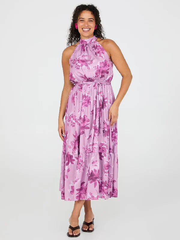 Floral Print Halter Neck Satin Maxi Dress Trendy Maxi Dress with Bow