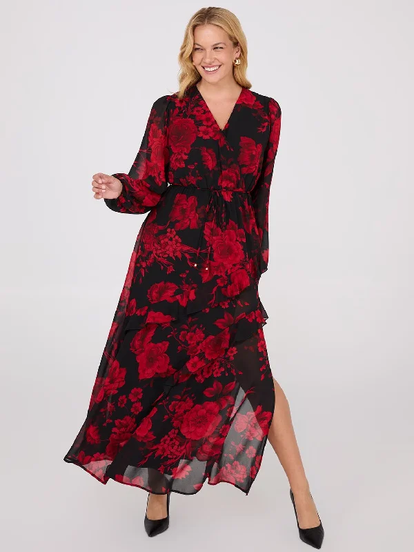 Chiffon Floral Print Ruffle Skirt Maxi Dress Stylish Boho Maxi Dress