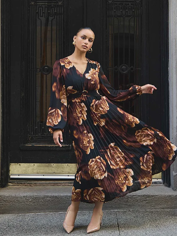 Floral Print V-Neck Pleated Maxi Dress Comfortable Ruffle Hem Maxi Dress