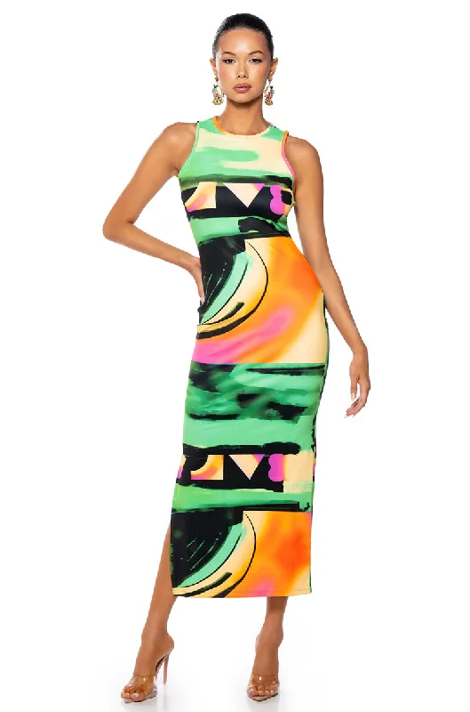 90'S BABY ABSTRACT PRINT MAXI DRESS Stylish V-Neck Maxi Dress