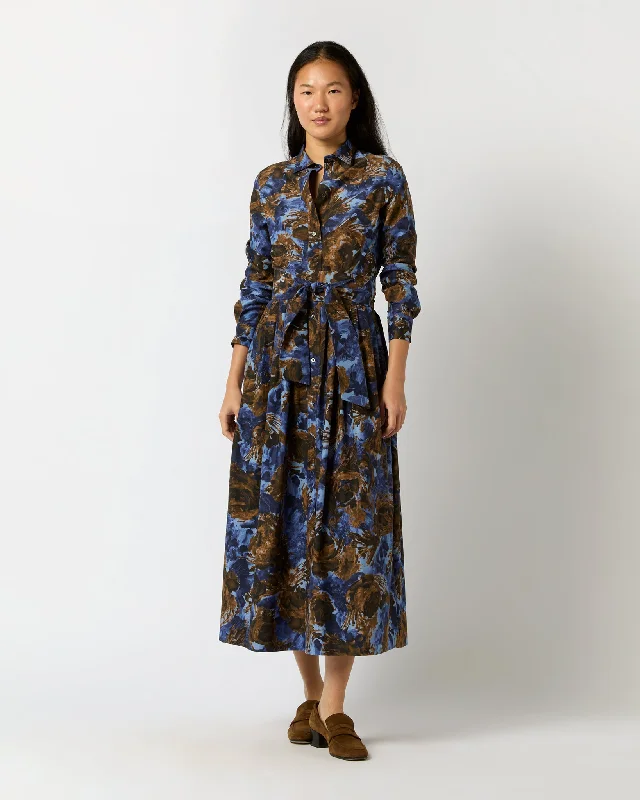 Classic Shirtwaist Maxi Dress in Blue/Multi Abstract Floral Habotai Trendy V-Neck Maxi Dress