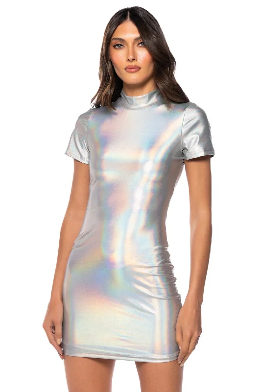 ASTRID MOCK NECK SHORT SLEEVE METALLIC MINI DRESS Elegant Satin Lace Mini Dress