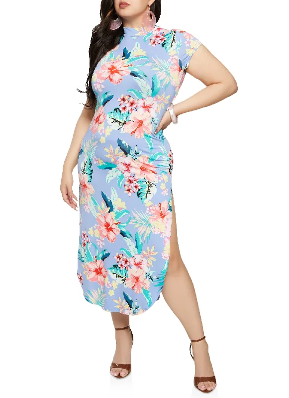 Plus Size Tropical Floral Print Side Slit Maxi Dress Comfortable Pleated Maxi Dress