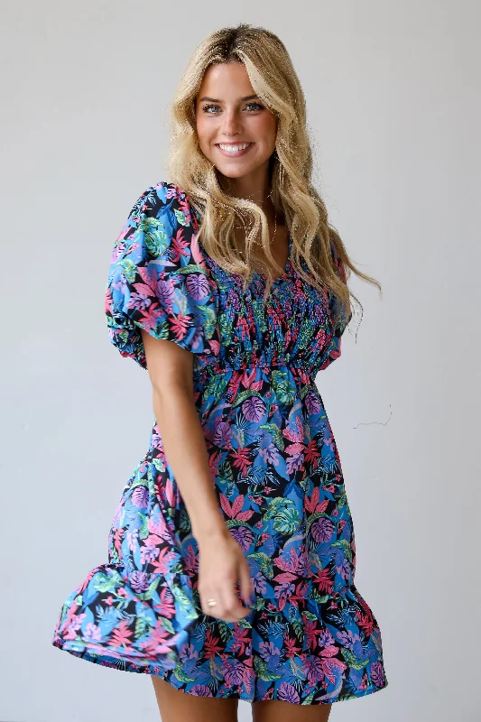 FINAL SALE - Bahama Beauty Blue Leaf Print Mini Dress Stylish Ruffle Mini Dress
