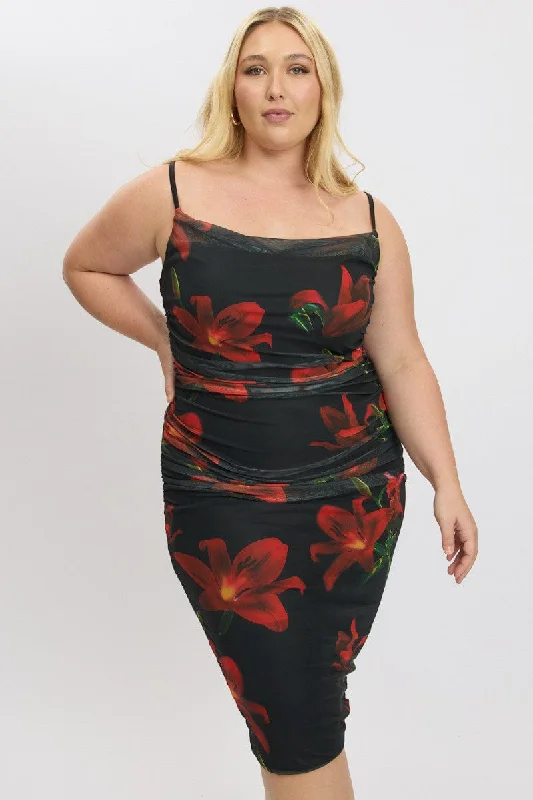 Black Floral Cowl Neck Shoestring Strap Bodycon Maxi Dress Fashionable Faux Wrap Maxi Dress