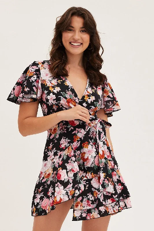 Black Floral Wrap Mini Dress Cozy Ribbed Mini Dress