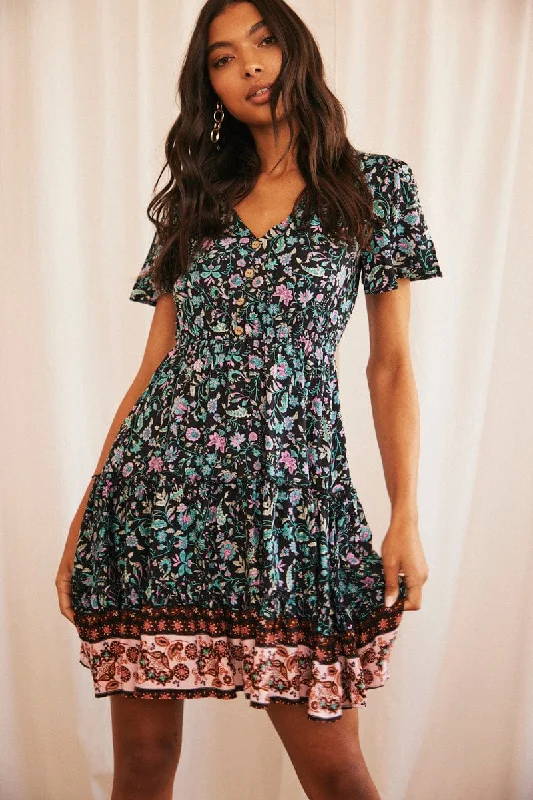 Black Mini Dress Fit & Flare Short Sleeve V-Neck Comfortable Off-Shoulder Mini Dress