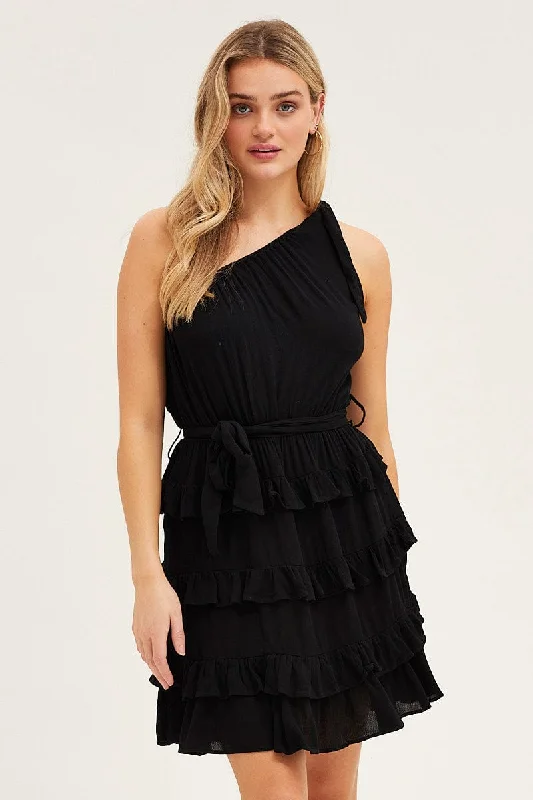 Black Mini Dress One Shoulder Sleeveless Chic Mini Dress with V-Neck