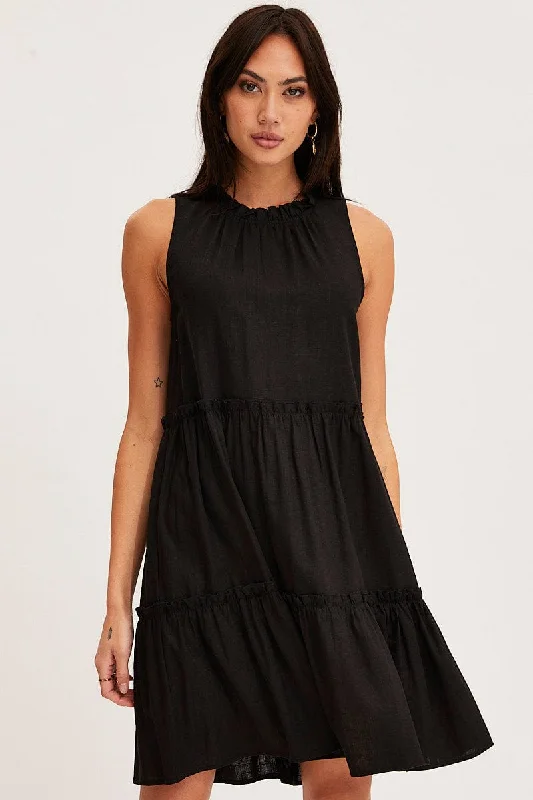 Black Mini Dress Sleeveless Round Neck Elegant Silk Mini Dress