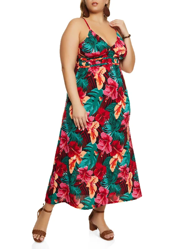Plus Size Floral Print Smocked Cami Maxi Dress Elegant Silk Maxi Dress