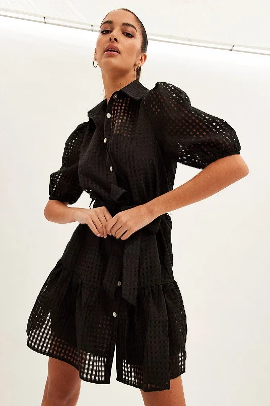 Black Shirts Dress Collard Half Sleeve Mini Dress Cozy Knitted Mini Dress