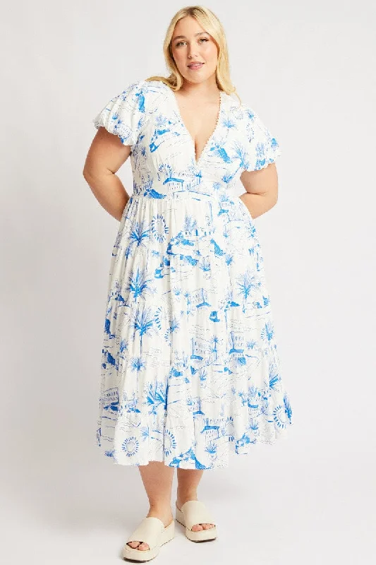 Blue Abstract Maxi Dress Short Sleeve Linen Blend Comfortable Plunging Neckline Maxi Dress