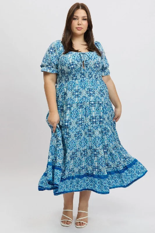Blue Boho Maxi Dress Short Sleeve Fashionable High-Low Maxi Dress