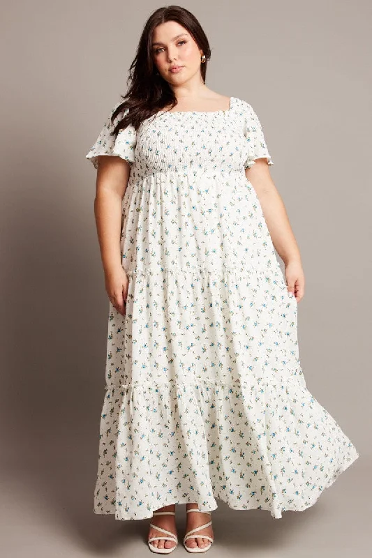 Blue Ditsy Maxi Dress Short Sleeve Shirred Casual Maxi Dress with Pockets