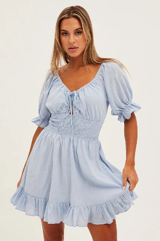 Blue Mini Dress Fit & Flare Puff Sleeve V-Neck Elegant Satin Mini Dress