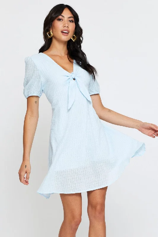 Blue Mini Dress Short Sleeve Comfortable Linen Mini Dress