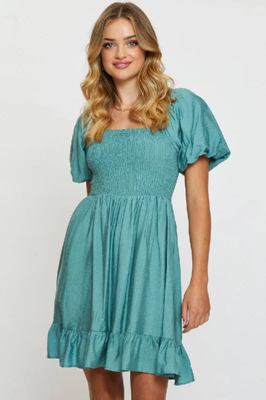 Blue Mini Dress Short Sleeve Stylish Sweetheart Neck Mini Dress