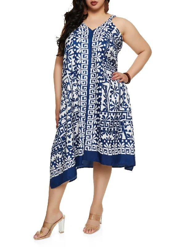 Plus Size Border Print V Neck Maxi Dress Cozy Maxi Dress with Slit