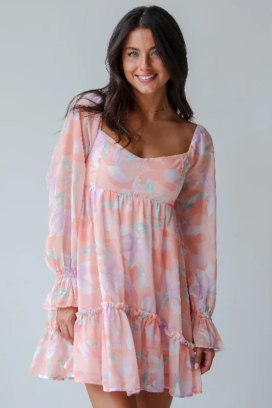 FINAL SALE - Bold Tendencies Peach Floral Mini Dress Comfortable One-Shoulder Mini Dress