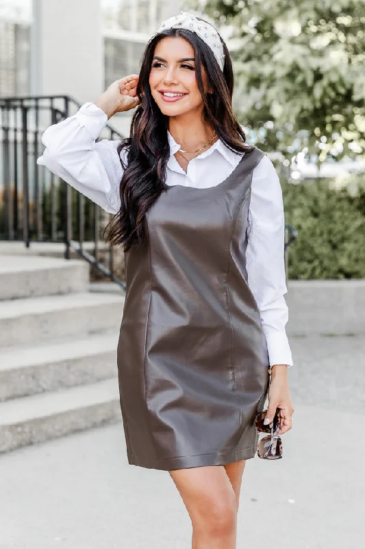 Forgive And Forget Brown Leather Tank Mini Dress FINAL SALE Modern Satin Mini Dress