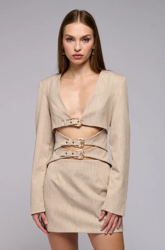 BUCKLE UP BABY SUITING MINI DRESS Trendy A-Line Mini Dress