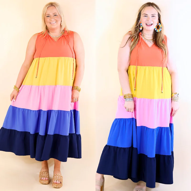 Calm Waters High Neck Tiered Maxi Dress in Coral Orange Mix Comfortable Maxi Dress with Belt Calm Waters High Neck Tiered Maxi Dress in Coral Orange Mix Comfortable Maxi Dress with Belt