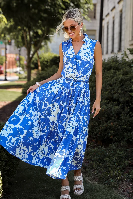 Charming Pose Royal Blue Floral Linen Maxi Dress Trendy Maxi Dress with Lace