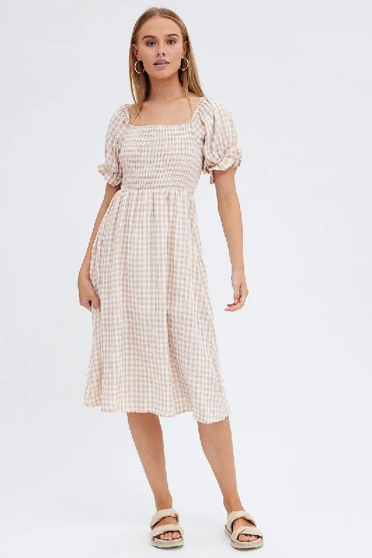 Check Mini Dress Short Sleeve Square Neck Cozy Cowl Neck Mini Dress
