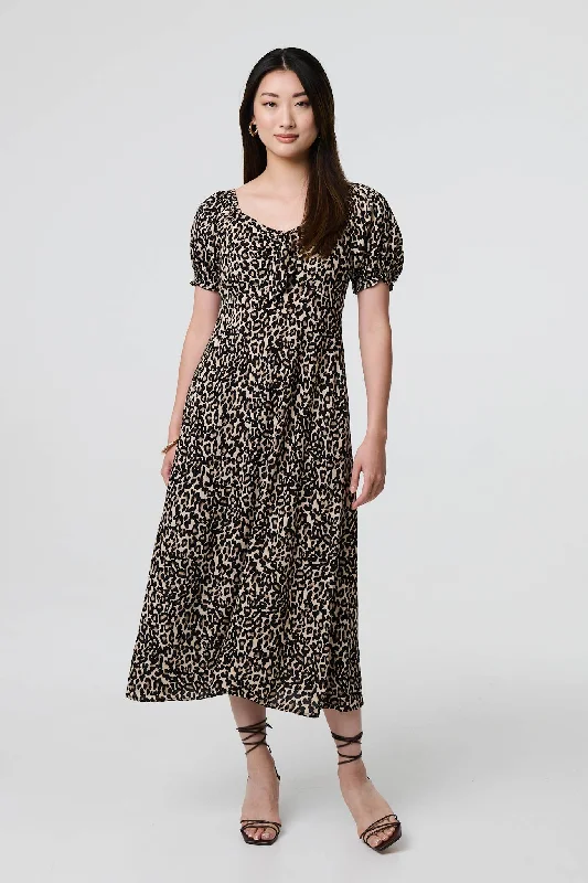Animal Print Short Puff Sleeve Maxi Dress Cozy Ribbed Maxi Dress