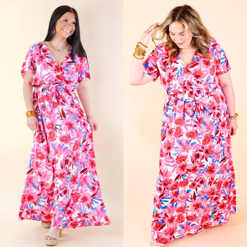 Delightful Dip Floral Maxi Dress with Waist Tie in Pink Mix Cozy Knitted Maxi Dress