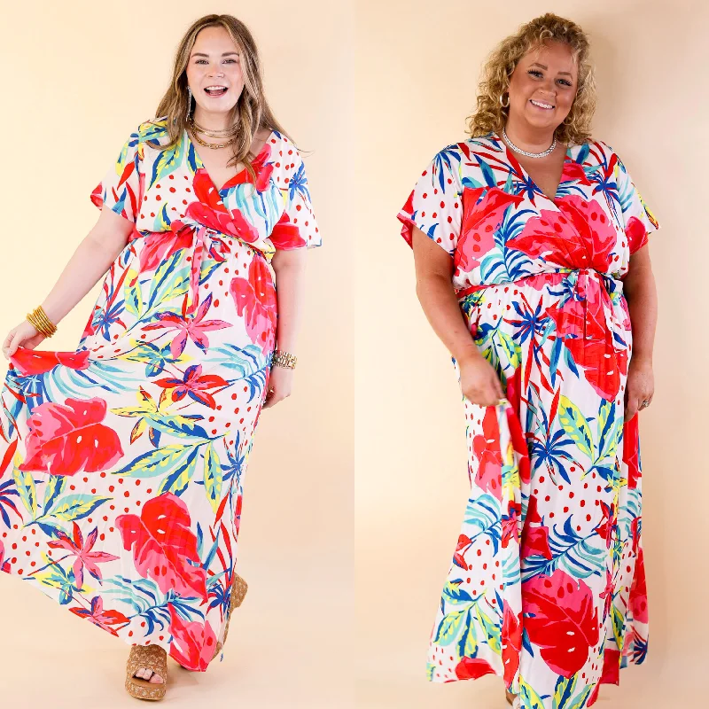 Delightful Dip Tropical Floral Maxi Dress with Waist Tie in White Elegant Tiered Maxi Dress Delightful Dip Tropical Floral Maxi Dress with Waist Tie in White Elegant Tiered Maxi Dress