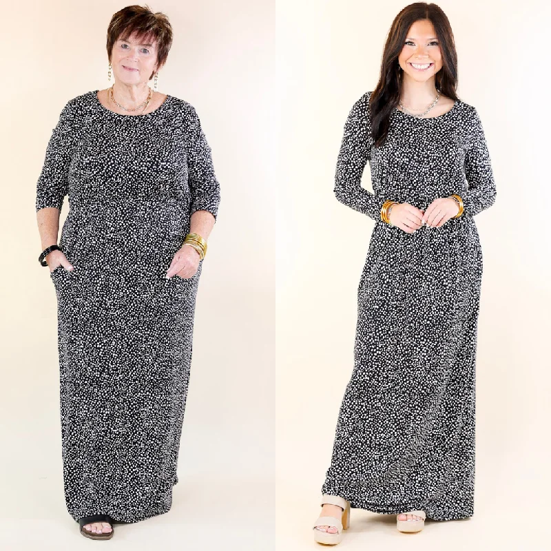 Downtown Spotlight Long Sleeve Dotted Babydoll Maxi Dress in Black Trendy Printed Maxi Dress Downtown Spotlight Long Sleeve Dotted Babydoll Maxi Dress in Black Trendy Printed Maxi Dress