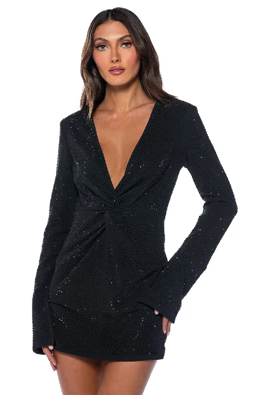 ELIANA TWIST DETAIL EMBELLISHED LONG SLEEVE MINI DRESS Fashionable Polka Dot Mini Dress