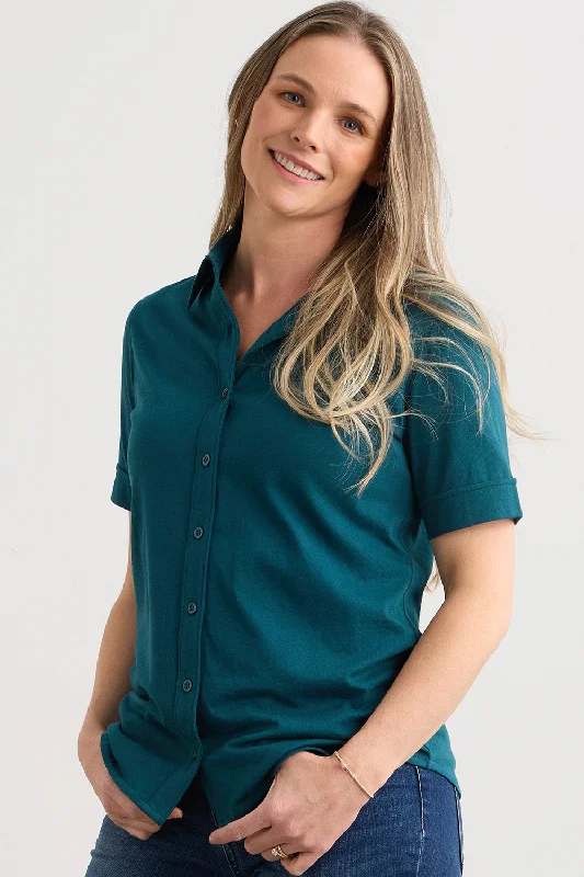 Women's 100% Organic Cotton Short Sleeve Knit Button Down Shirt Trendy Button-Front Short Sleeve