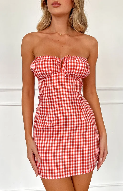 Faith Red Gingham Strapless Mini Dress Cozy Sweater Mini Dress