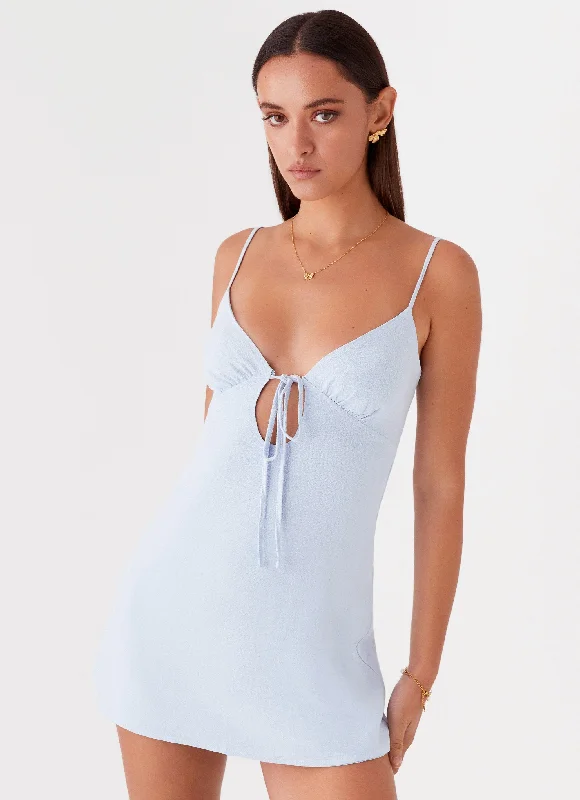 Flora Linen Mini Dress - Baby Blue Cozy Wraparound Mini Dress