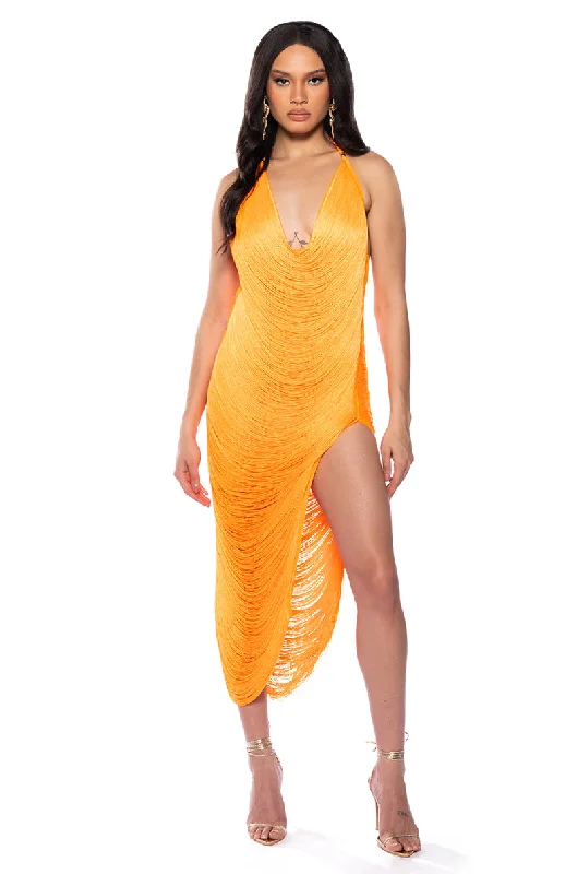 GIANINA FRINGED COWL NECK MAXI DRESS Comfortable Long-Sleeve Maxi Dress