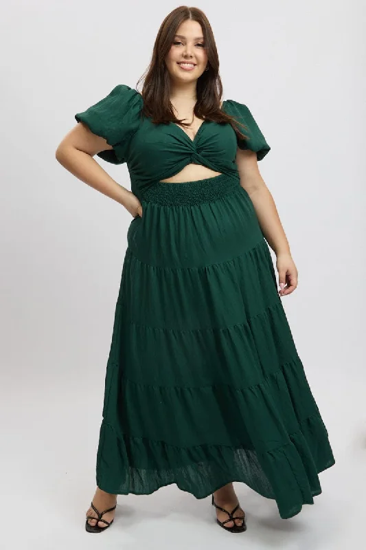 Green Maxi Dress Short Sleeve Twist Front Chic Button-Up Maxi Dress