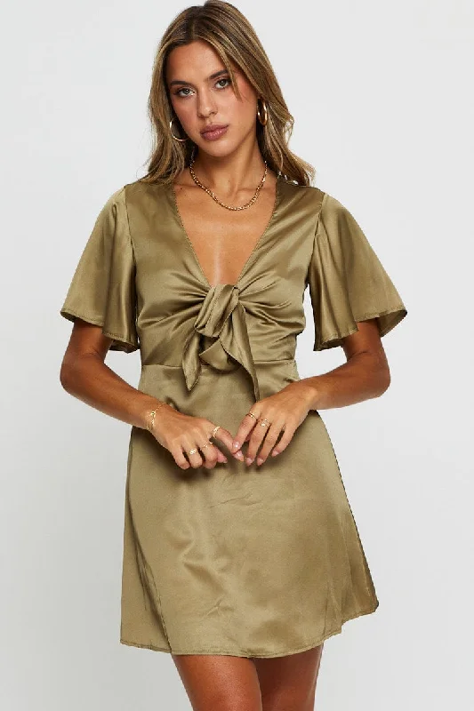 Green Mini Dress Short Sleeve Satin Fashionable Denim Mini Dress