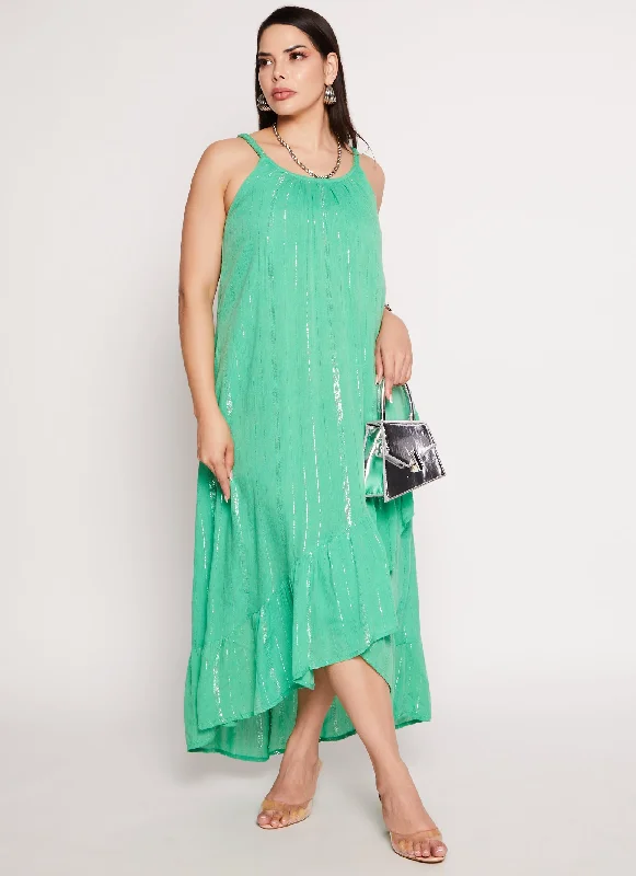 Plus Size Lurex Striped Tulip Hem Maxi Dress Trendy Button Front Maxi Dress