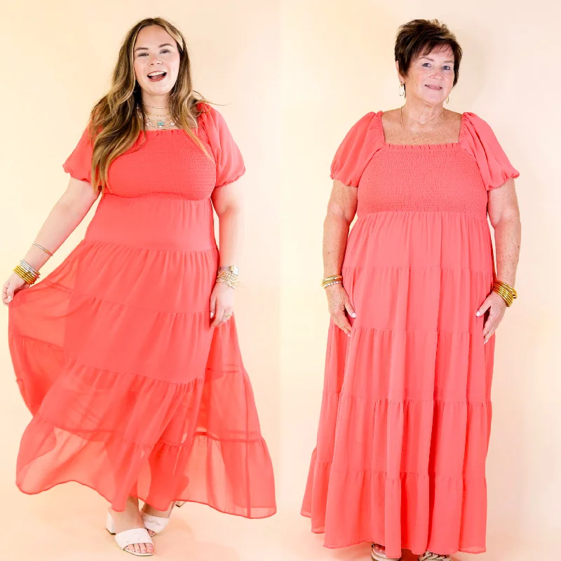 Honeysuckle Love Tiered Maxi Dress with Smocked Bodice in Coral Red Trendy Floral Print Maxi Dress Honeysuckle Love Tiered Maxi Dress with Smocked Bodice in Coral Red Trendy Floral Print Maxi Dress