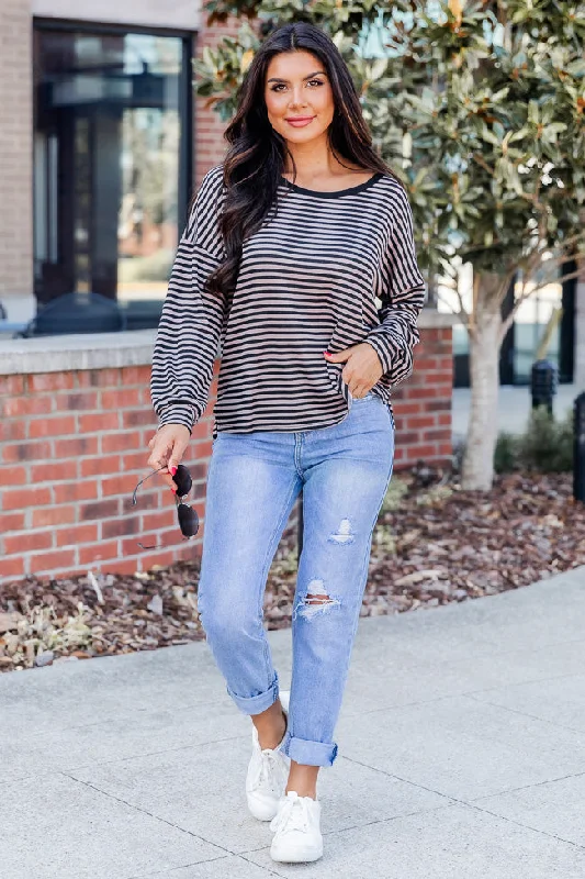 In My Head Brown Striped Long Sleeve Tee FINAL SALE Striped Floral Plaid
