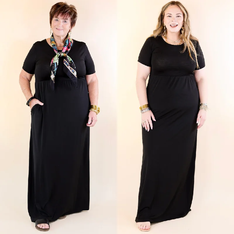 Just Landed Short Sleeve Babydoll Maxi Dress in Black Cozy Open-Back Maxi Dress