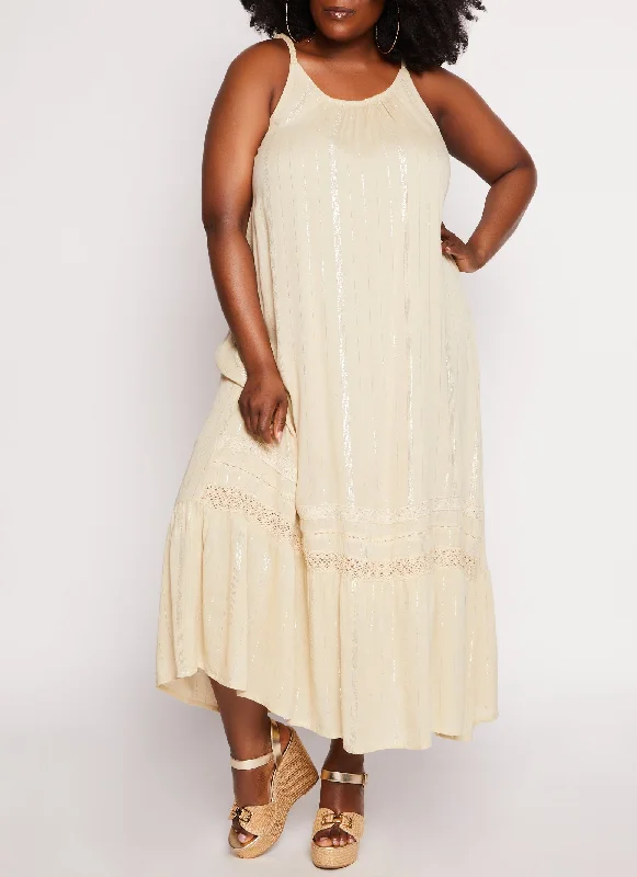 Plus Size Lurex Striped Gauze Knit Maxi Dress Comfortable Plunging Neckline Maxi Dress Plus Size Lurex Striped Gauze Knit Maxi Dress Comfortable Plunging Neckline Maxi Dress