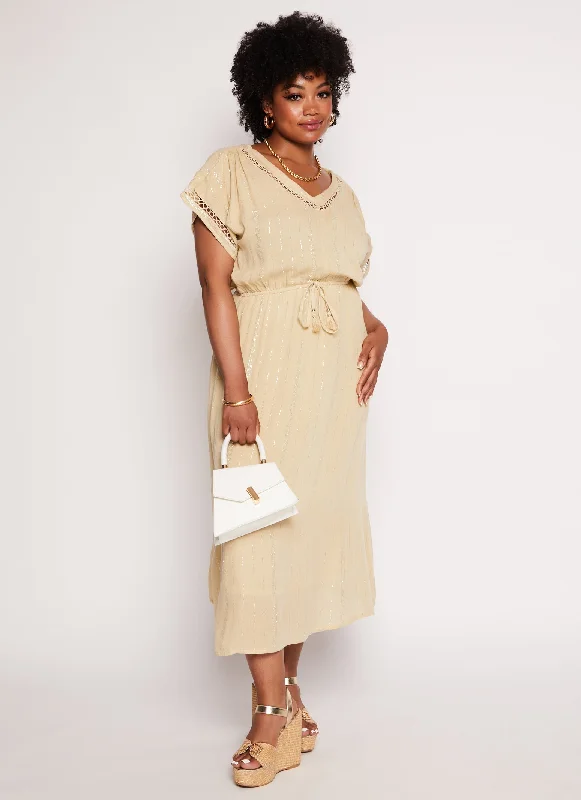 Plus Size Lurex Striped V Neck Maxi Dress Elegant Lace-Up Maxi Dress
