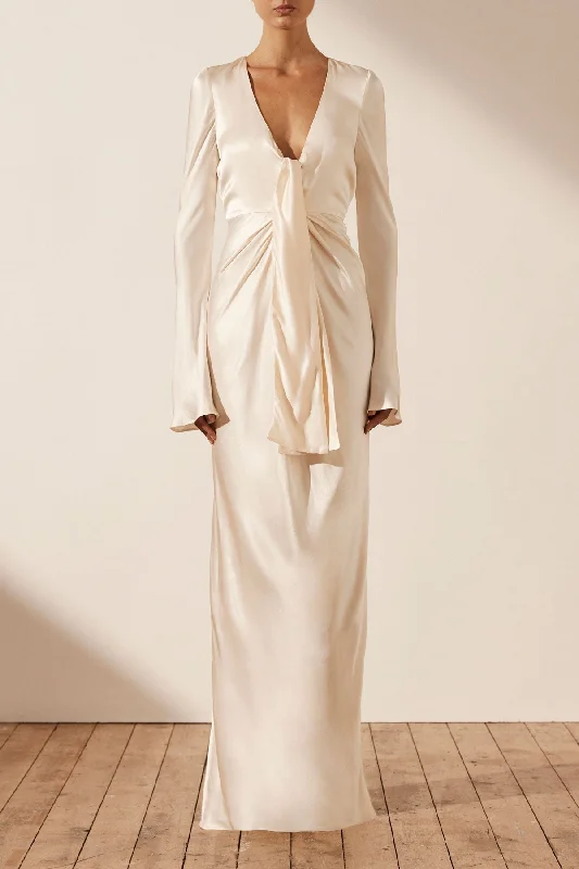 LA LUNE PLUNGED TIE FRONT MAXI DRESS - CREAM Elegant Silk Maxi Dress