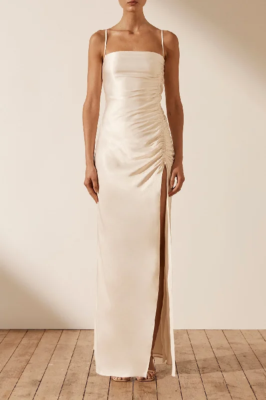 LA LUNE RUCHED MAXI DRESS - CREAM Elegant Velvet Maxi Dress