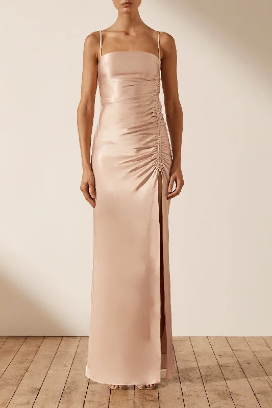 LA LUNE RUCHED MAXI DRESS - DESERT ROSE Trendy Button Front Maxi Dress