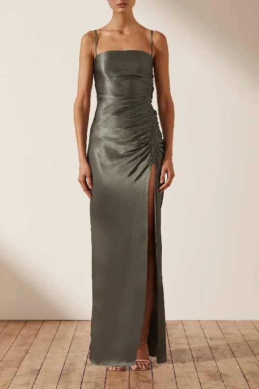 LA LUNE RUCHED MAXI DRESS - OLIVE Fashionable Maxi Dress with Fringe