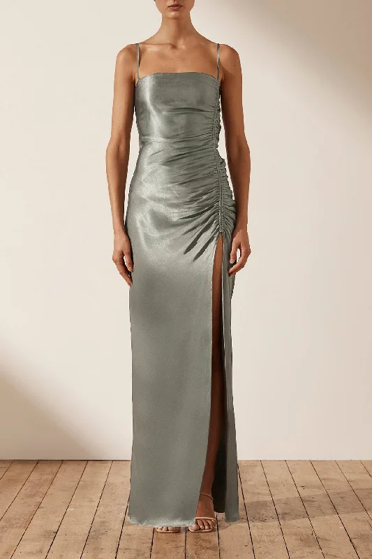 LA LUNE RUCHED MAXI DRESS - SAGE Elegant Lace-Up Maxi Dress